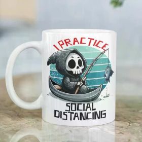 1pc 11oz "Practice Social Distancing" Ceramic Coffee Mug with Fishing Skeleton Design, Hot or Cold Beverage Friendly,
