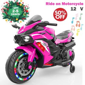 12V Kids Ride on Motorcycle, Battery Powered Electric Motorcycle for Kids, Ride on Toy with LED Light Wheels, MP3, Bluetooth, two wheels,Pink
