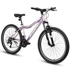 A24208 Ecarpat 24 Inch Mountain Bike, 21-Speed V-Brake, Front Suspension, Carbon Steel Frame Mountain Bike For Teenagers Girls Women Bicycles (Color: PURPLE)