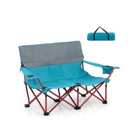 Oversized Camping Chair Folding Loveseat Camping Couch with Cup Holders & Thick Padding (Color: Navy Blue)